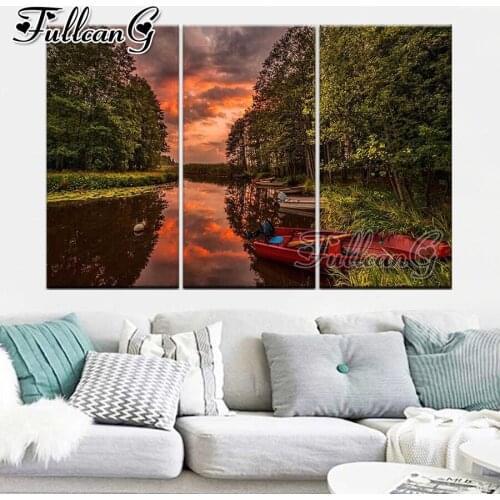 FULLCANG Sunset landscape river boat large triptych 5d diamond painting mosaic embroidery diy full square round drill FC3408