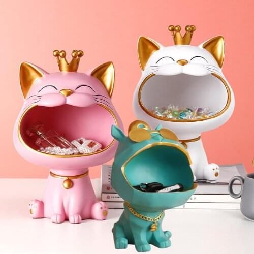 Creative Resin Big Mouth Sunglasses Lucky Dog Big Mouth Cat Storage Box Figurine Ornaments Candy Key Organizer Home Decoration