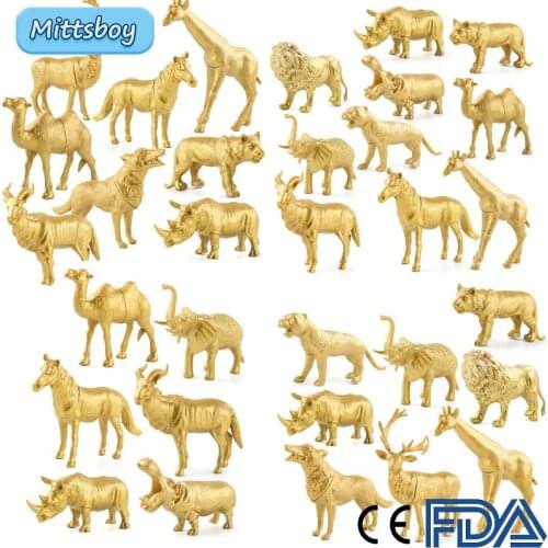 2021 Simulation Hollow Gold Wild Animals Tiger Goat PVC Rhino Lion Hippo Model Set Figure Toy Science Educational Toys Baby Toy