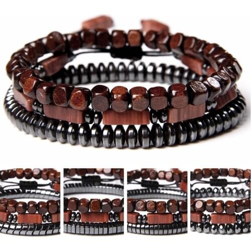 Trendy 3Pcs/Lot Wood Stone Color Men Women Hematite Bracelet Handmade Elastic Adjustable Bracelet Jewelry Gifts for Femme Homme
