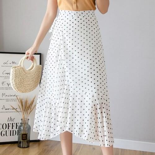 Summer New Chiffon Skirts Women Asymmetrical Lace-up Print Dot Skirt Female High Waist Slim Thin A Line Casual Falda Midi Femme