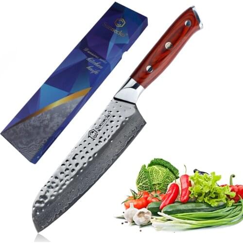Sunnecko 7" Santoku Knife Damascus Steel Hammer Blade Japanese Kitchen Knives Color Wood Handle Sharp Meat Fruit Cutting Tools