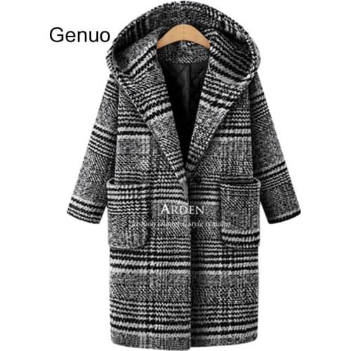 Plus Size Womens Coat Parkas 2019 New Winter Loose Wool Jacket Plaid Hooded Woolen Coat Thick Padded Overcoat 2020 New Fashion