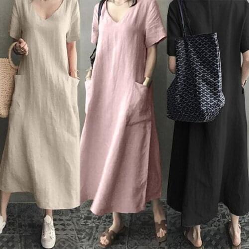 Summer Retro Women Cotton Linen V-neck Solid Color Large Size Dress