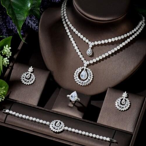 HIBRIDE Luxury Elegant Water Drop Shape Wedding Zirconia Jewelry Set Round Design Micro Zirconia African Beads Jewelry Set N-310