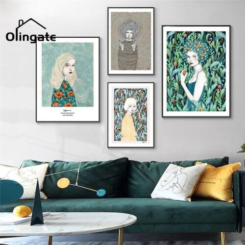 Modern Fashion Girl Green Plants Wall Art Nordic Abstract Flower Women Canvas Poster Picture One Piece Wall Painting Home Decor