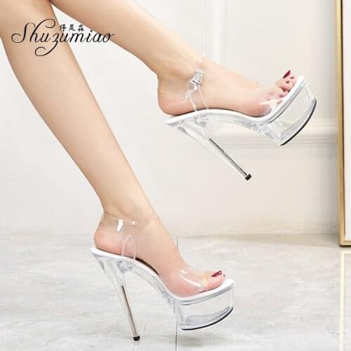 Shuzumiao Shoes Women Stilettos Stripper Summer Sandals Woman 2020 Heel Transparent Female High Heels 15cm Crystal Wedding Shoes