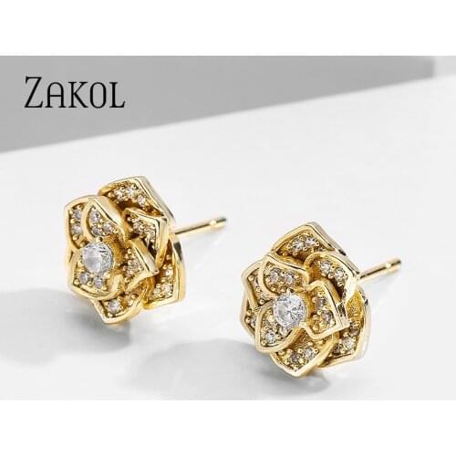 ZAKOL New Three Colors Rose Flower Micro Cubic Zirconia Stud Earrings Women Simple Small Earrings Trendy 2020 FSEP3058