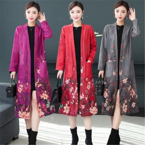 2020 Ethnic Style Plus Size Printed Deerskin Cardigan Windbreaker Womens Spring Autumn Long Trench Coat Vintage Suede Outerwear