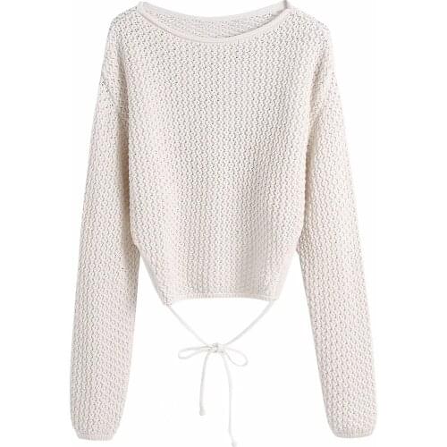 ZA New Open Back Lace Up Pullover Long Sleeve O-neck Women Tops Causal Solid Sexy Cropped Short Sweater XITIMEAO