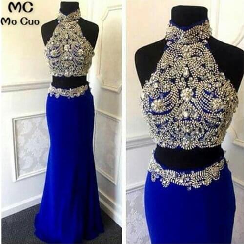 Promotion Two Pieces Gown 2018 New Mermaid Long Prom Dresses Halter Off shoulder Beaded Sexy Royer Blue Prom Dress Floor Length