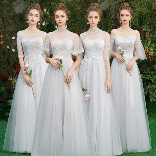Bridesmaids Dresses Vintage Strapless Off The Shoulder Embroidery A-Line Floor-Length Lace Tulle Women Wedding Party Gown E177