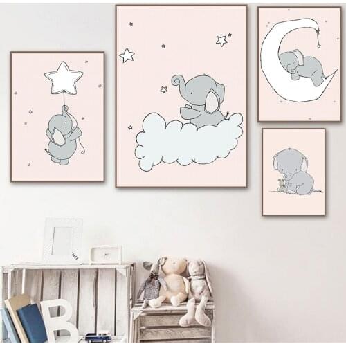 Stars Moon Cloud Canvas Poster Pink Elephant Painting Nursery Wall Art Print Kids Posters Nordic Wall Pictures Baby Room Decor