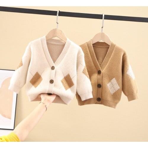 2021 New Childrens Cardigan Sweaters Baby Boys and Girls Velvet Sweater Boys and Girls Button Knitted Diamond Baby Coat 2-7Y