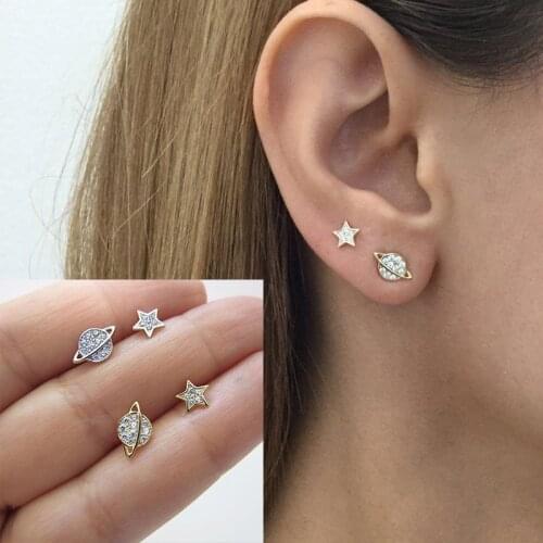 925 Sterling Silver Charm Earrings Asymmetric Stars Planet Earrings Women Earrings Wedding Banquet Gift For Girlfriend A30