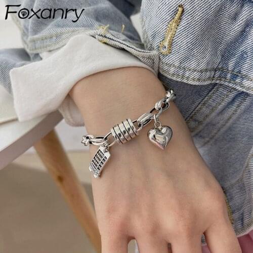 Foxanry 925 Sterling Silver Bracelets for Women INS New Trendy Vintage Creative Abacus Love Heart Thick Chain Party Jewelry Gift