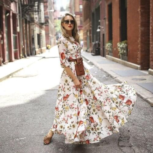 Elegant Women Sexy Half Sleeve Flowers Printed Maxi Long Dress Female Summer Round Neck Pleated Holiday Party Dress No Belt