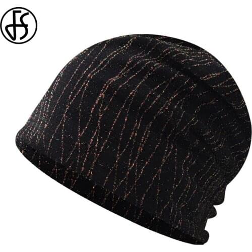 FS Gold Silk Thread Knitted Hats Autumn Winter Windproof Pullover Hat Black Cotton Women Men Breathable Skullies Beanies