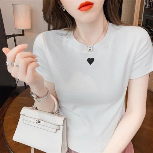 Cotton Short-sleeved T-shirt Female 2021 Summer New High Waist Love Embroidered O Neck White T-shirt Blusa Feminina Tees 817C