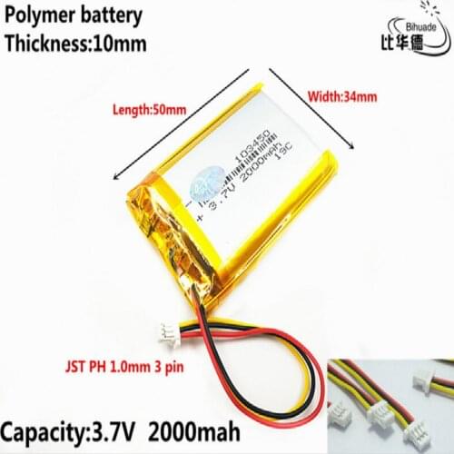 JST PH 1.0mm 3 pin Good Qulity 3.7V,2000mAH 103450 Polymer lithium ion / Li-ion battery for tablet pc BANK,GPS,mp3,mp4