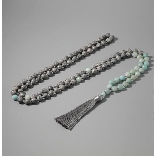 Map Stone & Tianhe Stone Beaded Knotted Necklace 108 Mala Rosary Meditation Blessing Yoga Japamala Jewelry with Tassel Pendant