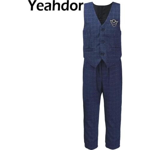 3Pcs Flower Boys Wedding Suits Boys Plaid Formal Suit Vest + Pants + Brooch Childrens Gentleman Costumes Kids Party Dresswear