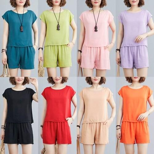 Two Pieces Set Women Tops Cotton Casual Sets Short Sleeve T Shirts and High Waist Short Pants Candy Color Tracksuit Clothing