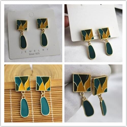 S925 silver needle Korean temperament simple geometric square green fashionable earrings personalized earrings ear clip female