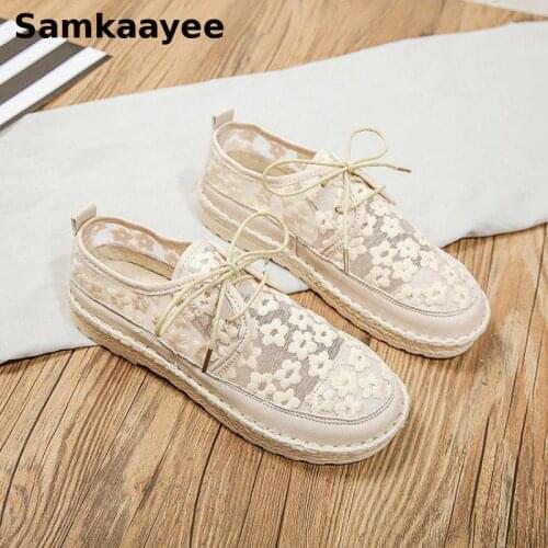 Size 35-40 Womens Flats Shoes Spring Autumn Female Mesh Sneakers Mujer Flowers Lace-Up Zapatos Loafers Breathable Chaussures Y39