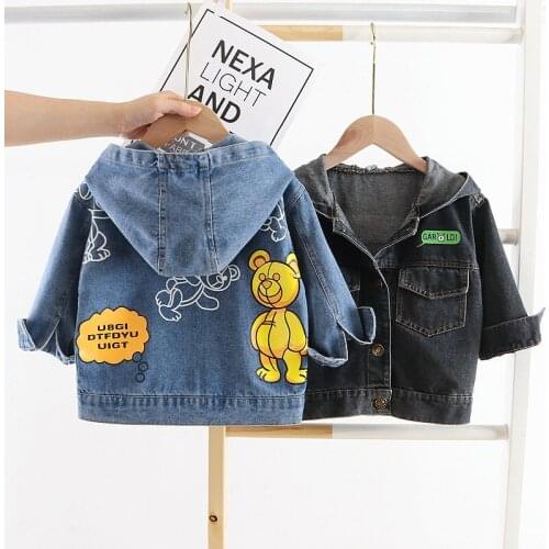 2021 New Kids Hooded Jacket Boys Baby Girls Denim Coats Bear Children Clothes Toddler Cartoon Clothing Infants Casual Outwear