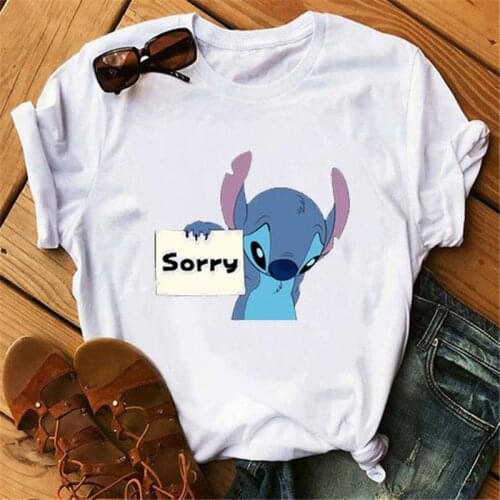 2020 Summer Fashion Women T-shirts Disney Cartoon Lio Stitch Ohana Tops Graphic Korean Style Female Tshirts for Women O-neck Tee