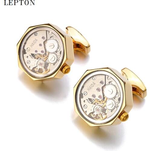Hot Watch Movement Cuff links of Immovable With Glass Lepton Stainless Steel Steampunk Gear Watch Mechanism Cufflinks for Mens