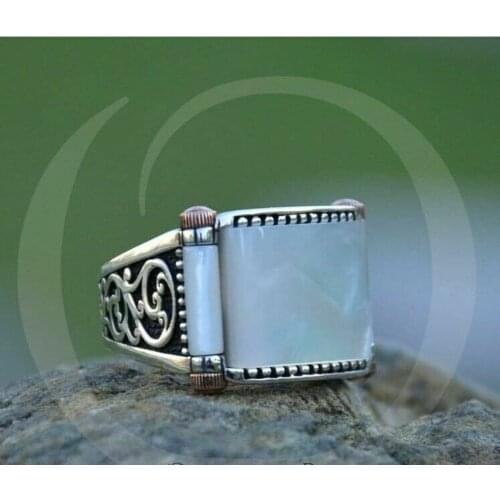 925 sterling silver Turkish Handmade jewelry pearl stone mens ring all size