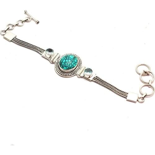 Genuine Mohave Turquoise + Blue Topaz Bracelet 925 Sterling Silver, 18.7 cm, GRP0369