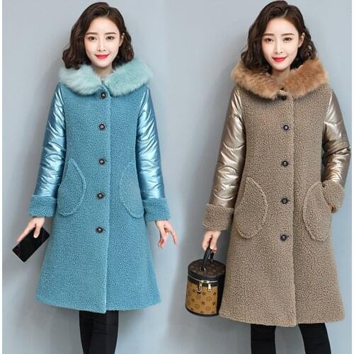 2021 New Winter Mid-Length Fur Womens Coat Particle Pile Loop Fleece Imitation Fox Fur Collar Imitation Lamb Velvet Coat s1116