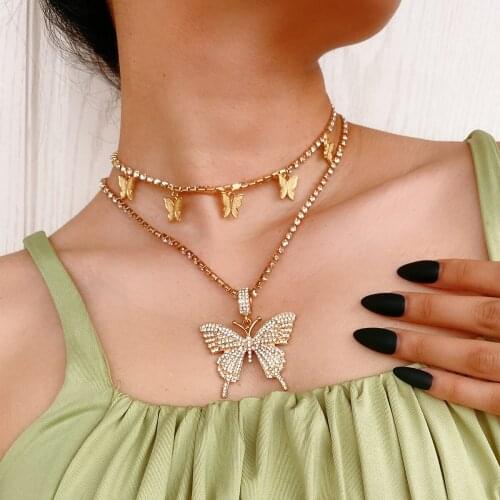 New Necklace 2021 Butterfly Pendant Necklace for Women Fashion Glass Rhinestone Multi-layer Chains Necklace Jewelry Collares