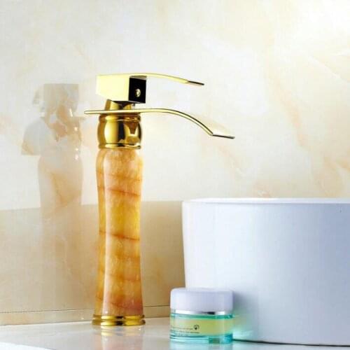 New Arrival Deck mounted brass and Jade waterfall faucet Bathroom Basin faucet Gold Sink Faucet Bath tap Basin Sink Faucet