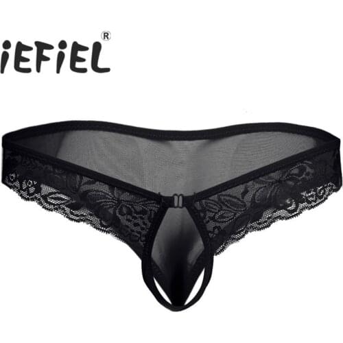 New Arrival Mens Lingerie Lace Mesh G-string Bikini Underwear Underpants with Penis Hole Male Sissy Sexy Thongs Triangle Panties