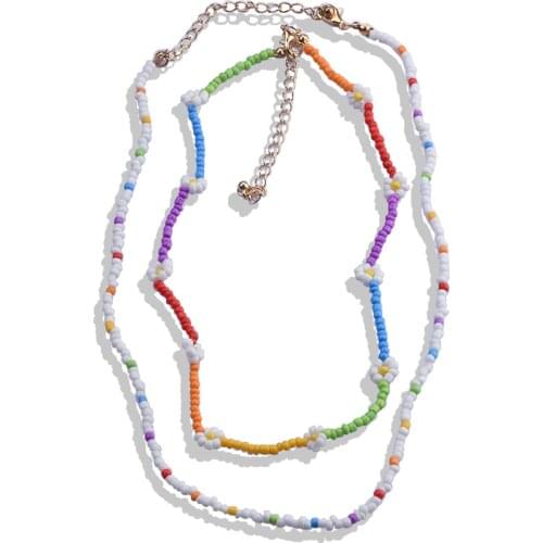 2021 Colorful Daisy Beaded Flowers Choker Necklace Women Fashion Double Layer Short Chain Necklace Handmade Female Jewelry