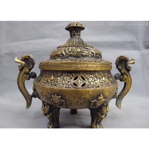 Song voge gem S1199 Tibet Temple Copper Bronze Eight treasures Two Ear Beast censer Incense burner