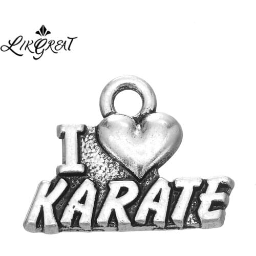LIKGREAT Handmade Letter Engraved Charm Heart I Love KARATE Charms Pendant for Jewelry Making Silver Color Metal Charm Gifts