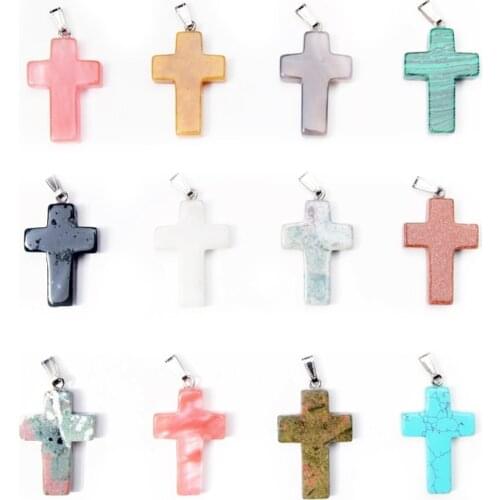 Wholesale 12pcs/Lot Natural Stone Pendants & Necklaces Mixed Fahsion Jewelry Charms Cross Jesus God Pendulums Free Shipping