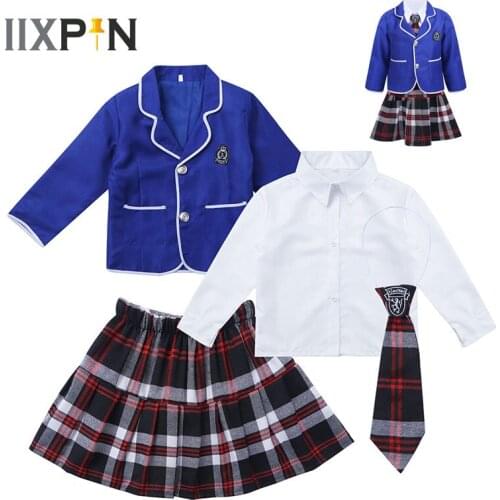 Full Set School Uniform for Kids Girls High Waist Skirt Shirt Coat Tie Schoolgirl Costumes Students Stage Clothes Korean Style