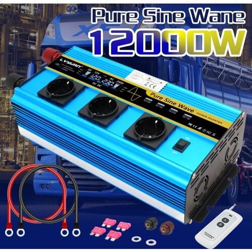 12000W power inverter DC 12V to AC 220V 230V Converter Supply Solar Power LCDscreen 4USB 4FAN with remote control 3AC EU socket