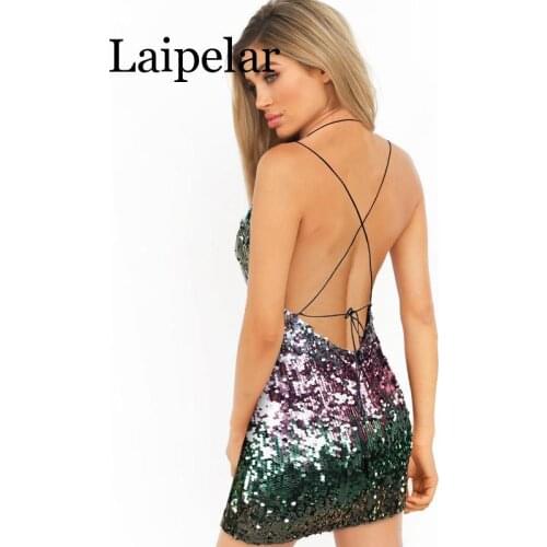 Rainbow sequin dress sexy bandage women backless dress plus size summer glitter dress vestidos de verano jurken mini 2020