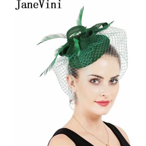 JaneVini Black Red Green Feathers Wedding Hats Fascinators Church Bridal Hat with Birdcage Net Face Veil Party Cocktail Hairwear