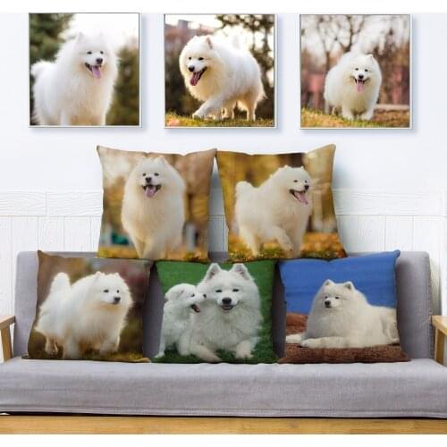 Cute Pet Dog Samoyed Print Throw Pillow Cover 45*45cm Textile Cushion Covers Linen Pillow Case Car Sofa Home Decor Pillows Cases
