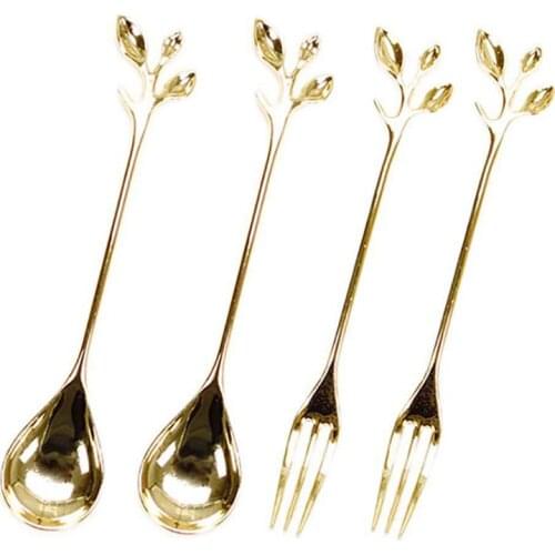 Tableware Gold Leaf Coffee Spoon Fork,4 Pack(2 Spoons 2 Forks) Little Demitasse Espresso Spoon and Appetizer Dessert Forks Set,4