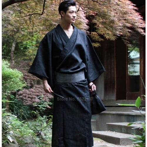 Traditional Japanese Kimono Yukata Mens 95% Cotton Dressing Gown Male Lounge Robes with Belt Plus Size Summer Pajamas set