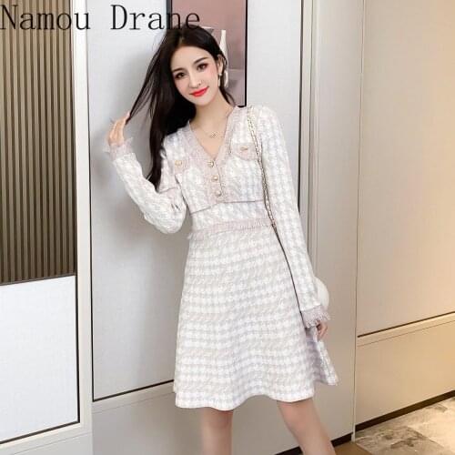 2019 autumn winter new wave autumn dress small fragrance houndstooth waist waist long sleeve knit dress